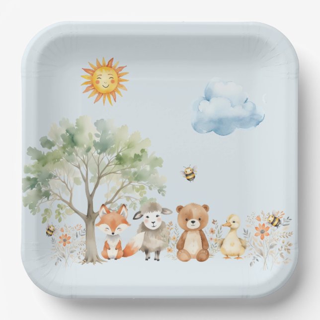 Plato De Papel Woodland Wildlife Baby Shower (Anverso)