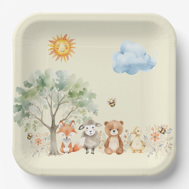 Plato De Papel Woodland Wildlife Baby Shower Pale Peach (Anverso)