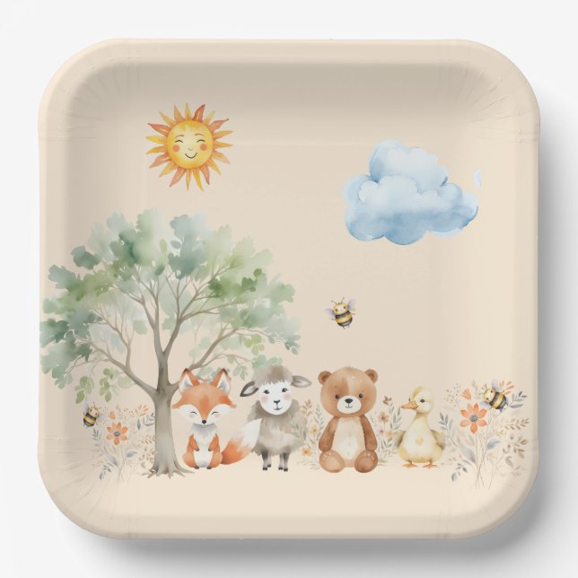 Plato De Papel Woodland Wildlife Baby Shower Pale Peach (Anverso)