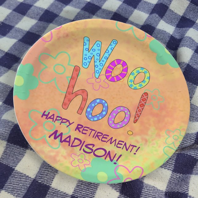 Plato De Papel Woohoo Word Texto Nombre Arte Personalizado Jubila (WooHoo Retirement Plate name personalized for a great party)