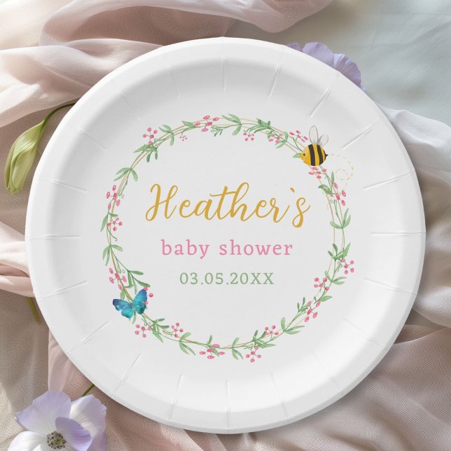 Plato De Papel Wreath, Baby Shower de abeja y mariposa (Cute Wreath, Bee & Butterfly Baby Shower Paper Plates for Baby Girl & Baby Boy.)