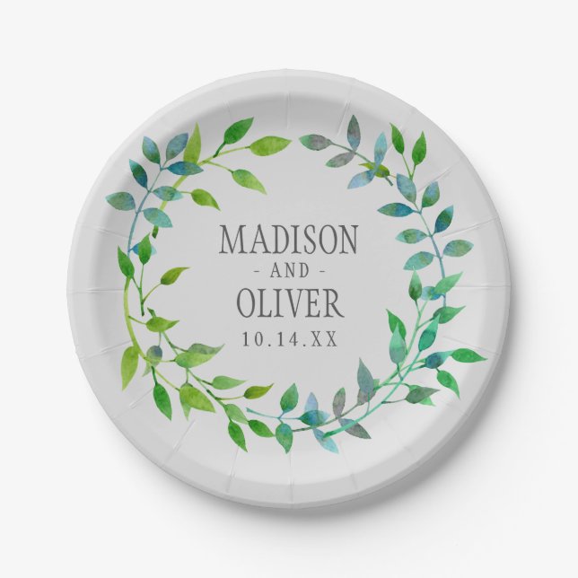 Plato De Papel Wreath de hojas verdes de color de agua | BODA (Anverso)