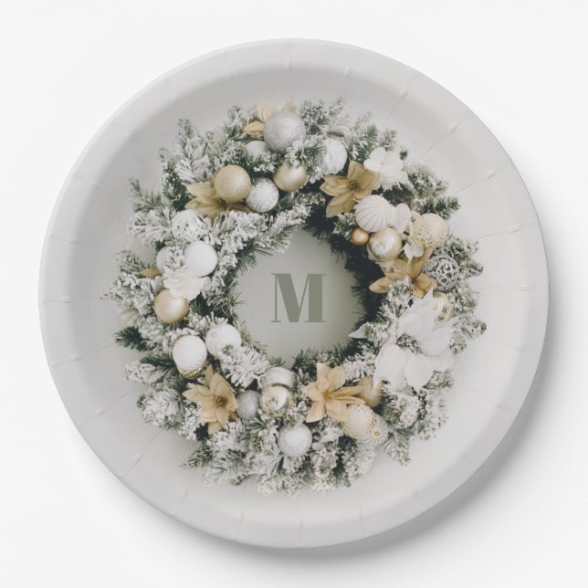 Plato De Papel Wreath de Navidades de pino con nieve (Anverso)