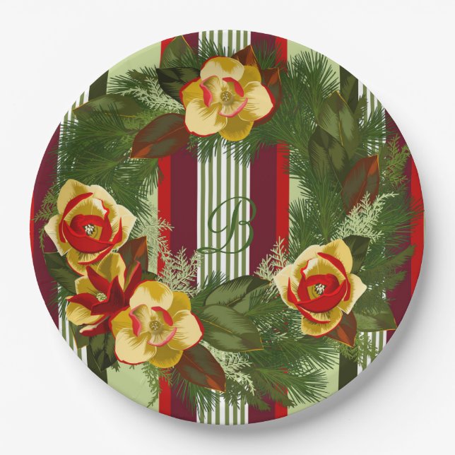 Plato De Papel Wreath de Navidades monogramados (Anverso)