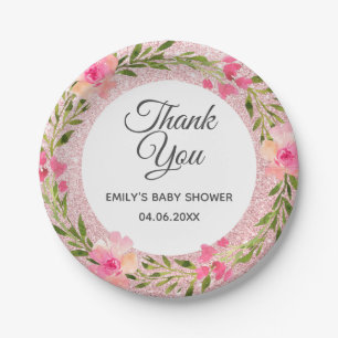 Plato De Papel Wreath floral rosada de oro Rosa Gracias Baby Show