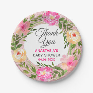 Plato De Papel Wreath floral rosada de oro Rosa Gracias Baby Show