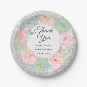 Plato De Papel Wreath floral rosada y plateada gracias Baby Showe