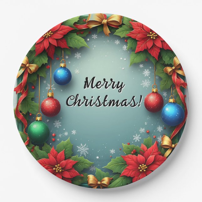 Plato De Papel Wreath navidades con Poinsettias (Anverso)