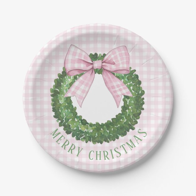 Plato De Papel Wreath perrito con rosado Gingham Bow (Anverso)