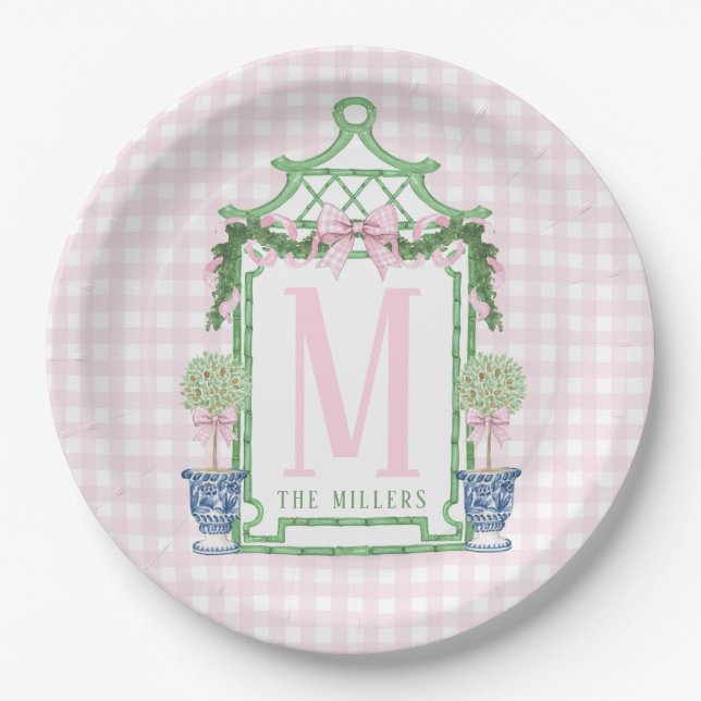Plato De Papel Wreath perrito con rosado Gingham Bow (Anverso)