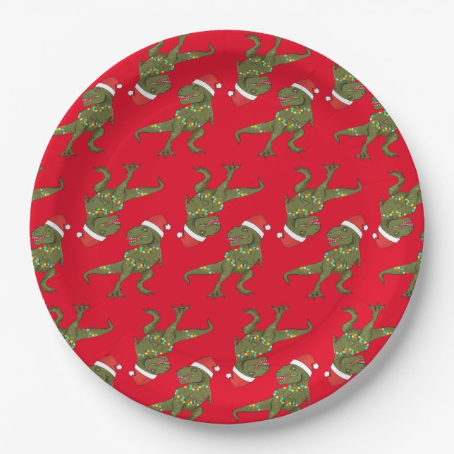 Plato De Papel Xmas Navidades Dino T-Rex Santa Plate (Anverso)