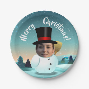 Plato De Papel Xmas Snowman personalizado con tu cara