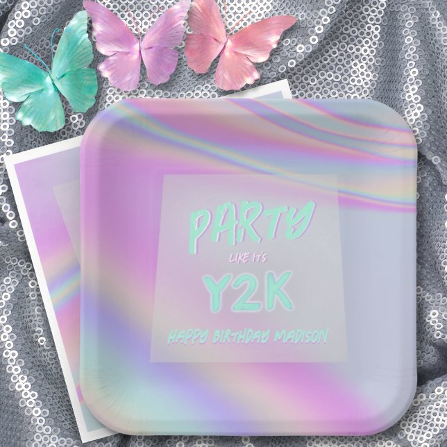 Plato De Papel Y2K iridiscente arco iris feliz cumpleaños persona (Subido por el creador)
