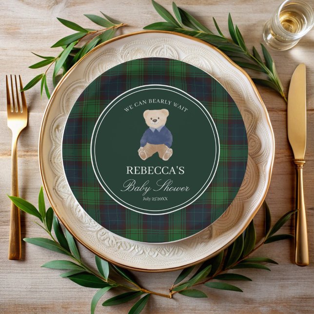 Plato De Papel Ya podemos esperar a la clásica ducha de bebé de f (We can bearly wait green plaid  classic polo teddy bear baby shower personalized paper plates)
