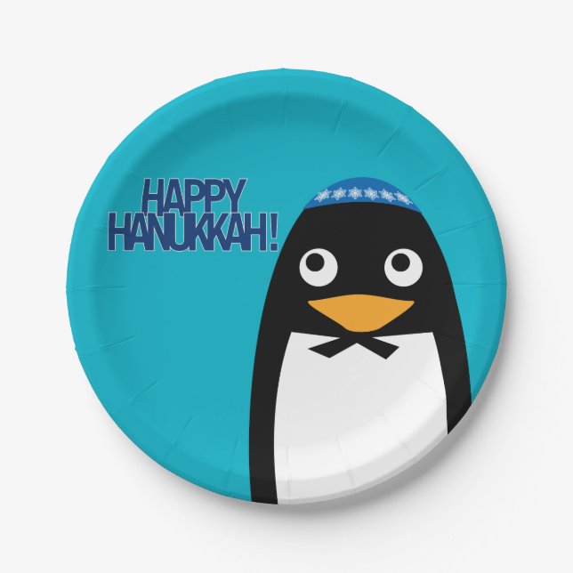 Plato De Papel Yarmulke judío feliz del pingüino de Jánuca (Anverso)