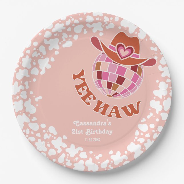 Plato De Papel Yee Haw Peach Disco Cowgirl Rodeo Cumpleaños (Anverso)