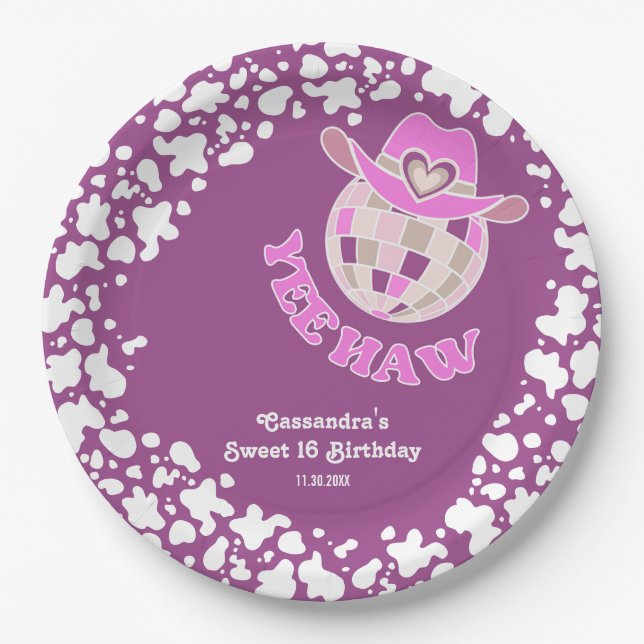Plato De Papel Yee Haw Purple Disco Cowgirl Rodeo Cumpleaños (Anverso)