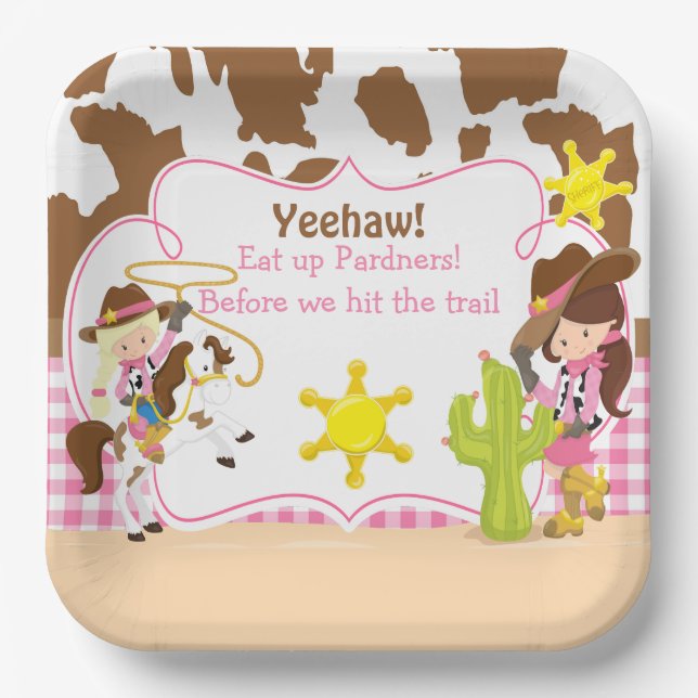 Plato De Papel Yeehaw Cowgirl Partido del Cumpleaños Occidental (Anverso)