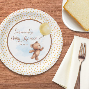 Plato De Papel Yello Polka Dot Teddy Oso Baby Shower Placa de pap
