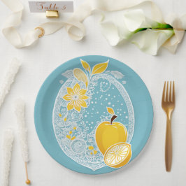 Plato De Papel Yellow and blue fruit patterns AI art