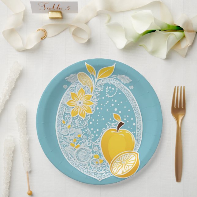 Plato De Papel Yellow and blue fruit patterns AI art  (Boda)