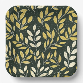Plato De Papel Yellow and Cream Leafy Branches Pattern 