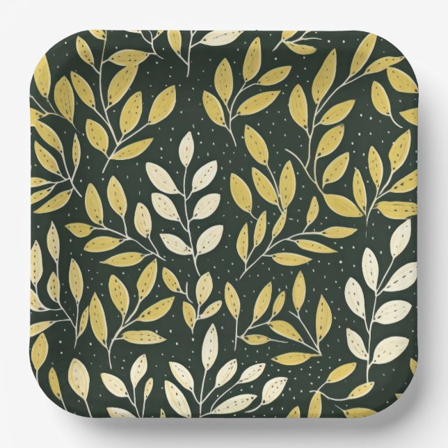 Plato De Papel Yellow and Cream Leafy Branches Pattern  (Anverso)