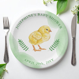 Plato De Papel Yellow Baby Chick And Green Watercolor Baby Shower