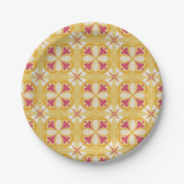 Plato De Papel yellow back & symmetrical pink floral pattern 