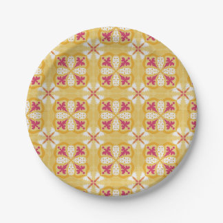 Plato De Papel yellow back & symmetrical pink floral pattern 