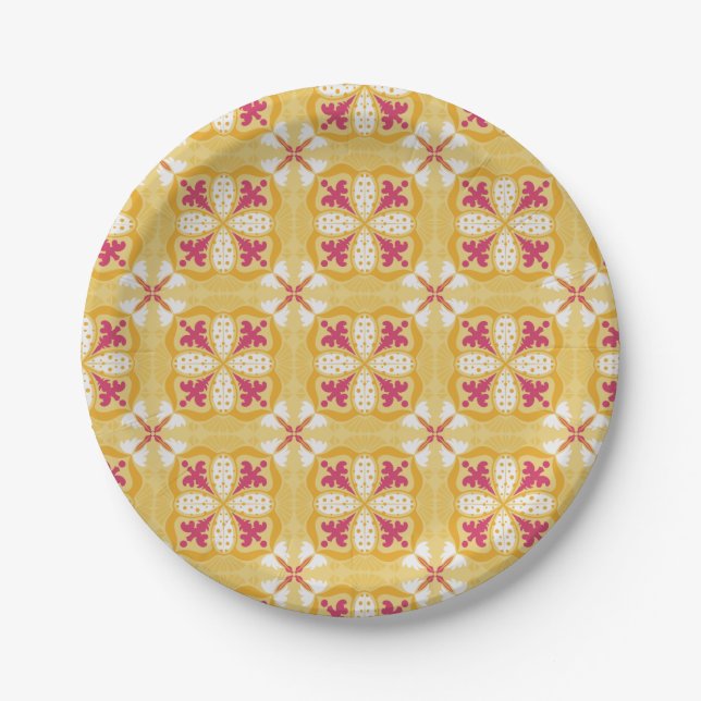 Plato De Papel yellow back & symmetrical pink floral pattern  (Anverso)
