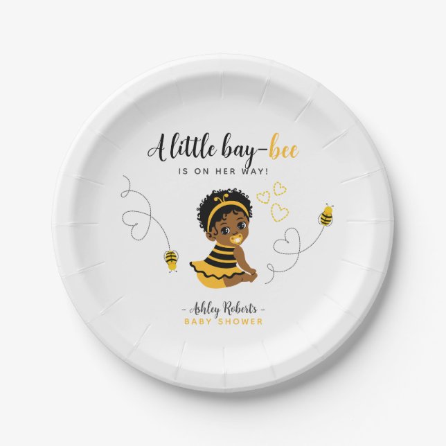Plato De Papel Yellow Black African American Bee Baby Shower (Anverso)