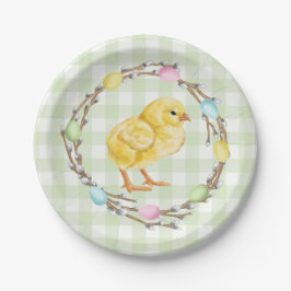 Plato De Papel Yellow Chick And Pastel Willow Wreath Easter