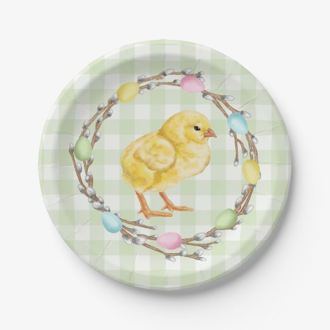 Plato De Papel Yellow Chick And Pastel Willow Wreath Easter (Anverso)