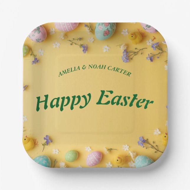 Plato De Papel Yellow colorful  Easter BRUNCH & HUNT (Anverso)