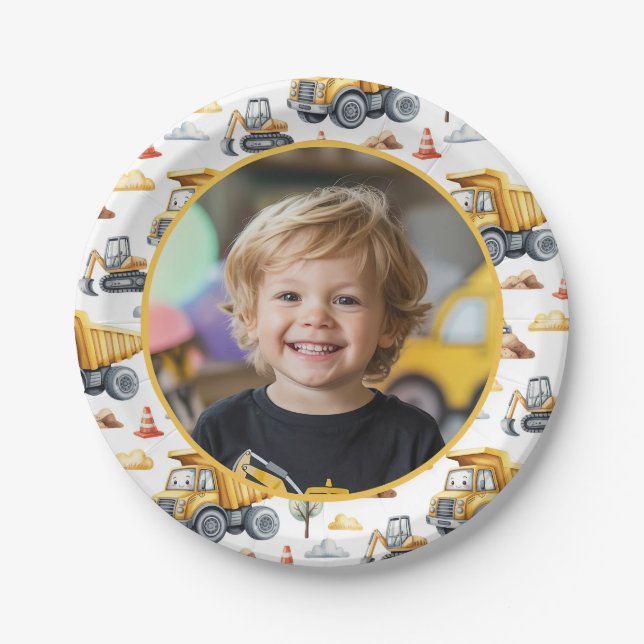 Plato De Papel Yellow Construction Trucks Birthday Photo Kids  (Anverso)