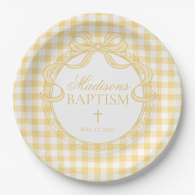 Plato De Papel Yellow Gingham Coquette Bow Baptism (Anverso)