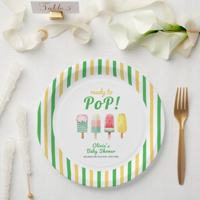 Plato De Papel Yellow Green Stripe Ice Cream Pop Baby Shower (Boda)