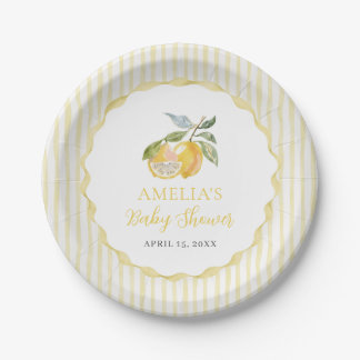 Plato De Papel Yellow Lemon Citrus Stripes Baby Shower