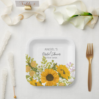 Plato De Papel Yellow Modern Sunflowers Bouquet Bridal Shower