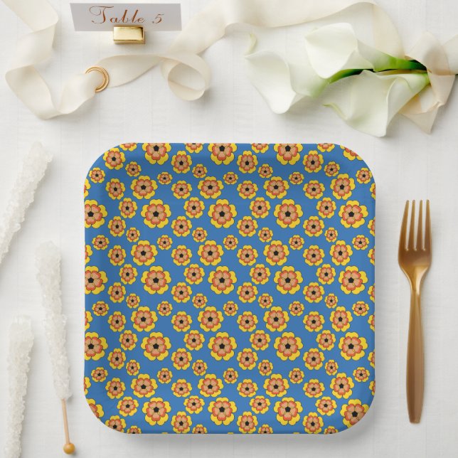 Plato De Papel Yellow Orange Flowers Pattern (Boda)