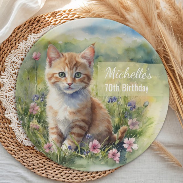 Plato De Papel Yellow Orange Tabby Kitten Cat  70th Birthday (Cat 70th birthday party paper plate)