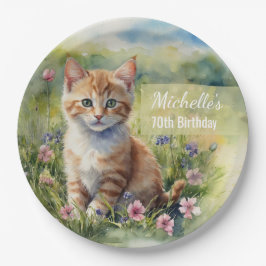 Plato De Papel Yellow Orange Tabby Kitten Cat  70th Birthday