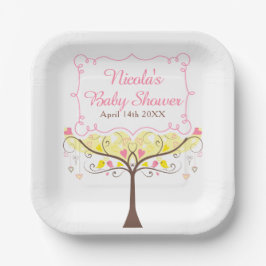 Plato De Papel Yellow Pink Floral Bird Baby Shower 