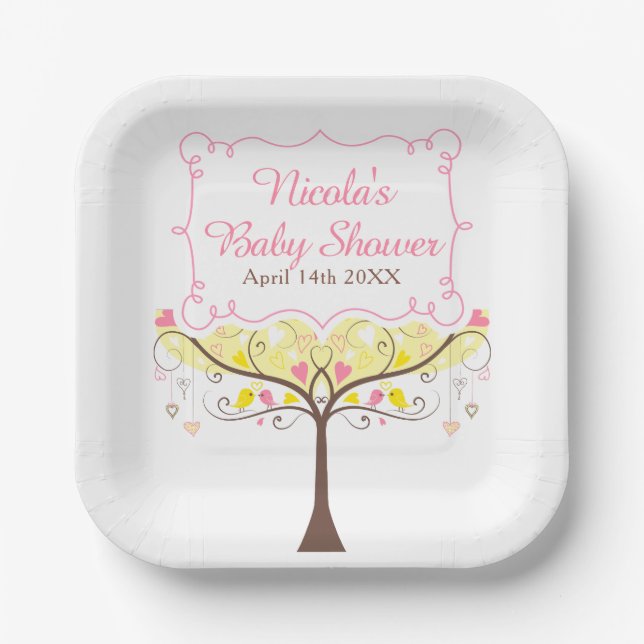 Plato De Papel Yellow Pink Floral Bird Baby Shower  (Anverso)