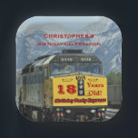 Plato De Papel Yellow Railroad Engine 18th Birthday, Nombre,<br><div class="desc">Un motor de tren amarillo brillante decora este singular y divertido plato de papel fiesta. Aunque el valor predeterminado es "18 años de edad", se puede personalizar fácilmente el nombre, el número de años y el evento. ¡A los fanáticos de los ferrocarriles les les les encantará! Elija cuadrado o redondo....</div>