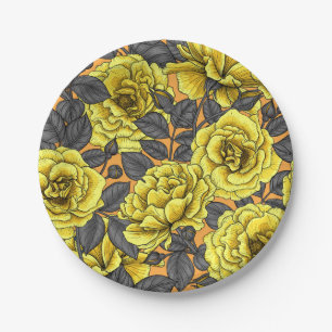 Plato De Papel Yellow roses with blue leaves on blue