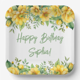 Plato De Papel Yellow Sage Green Flowers Floral Party Napkins