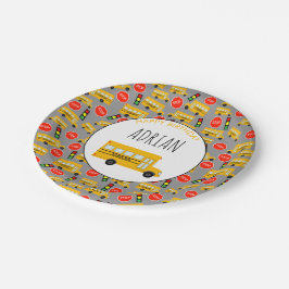 Plato De Papel Yellow School Bus Stop Rótulo Traffic Light Cumple