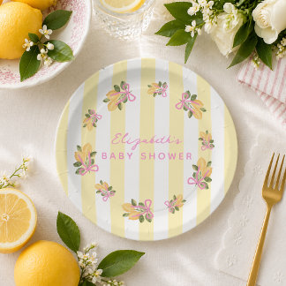 Plato De Papel Yellow Stripe Pink Lemon Baby Shower